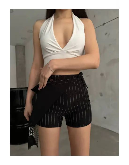 Omarı Elegan Siyah İtalyan Çizgili Şort Etek