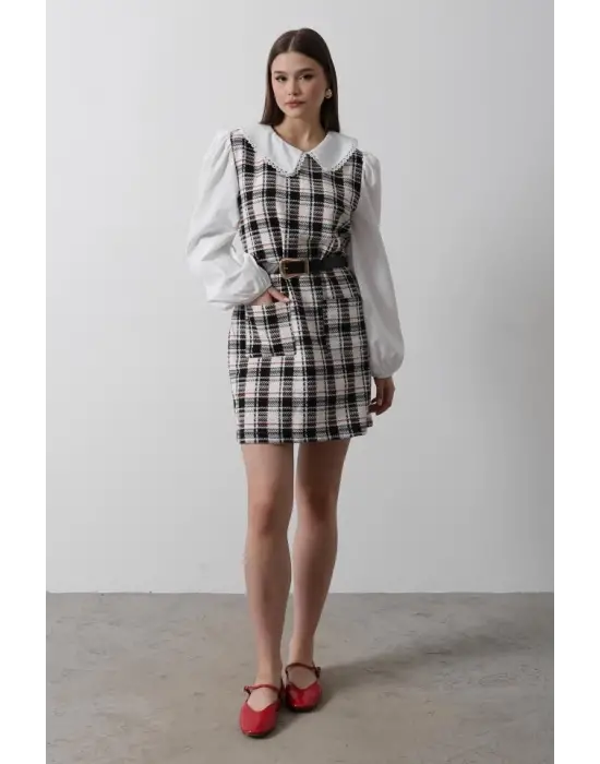 Omarı Siyah Ekoseli Detaylı Elbise