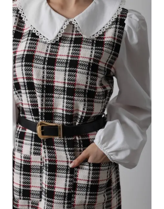 Omarı Siyah Ekoseli Detaylı Elbise