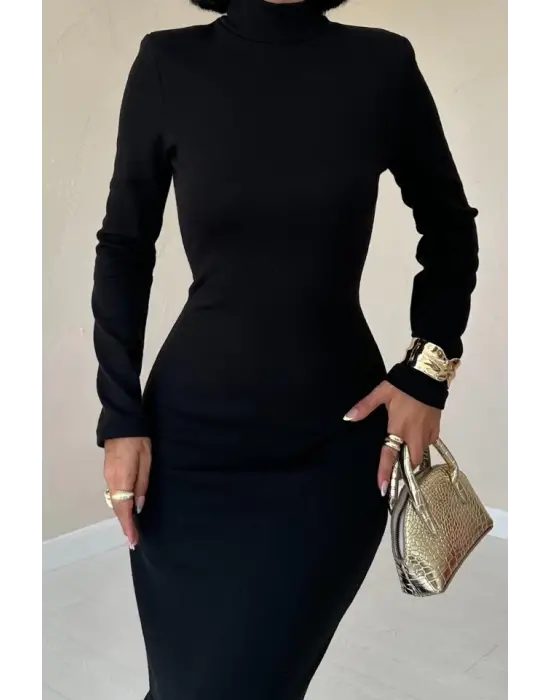 Omarı Garnili Triko Siyah Elbise