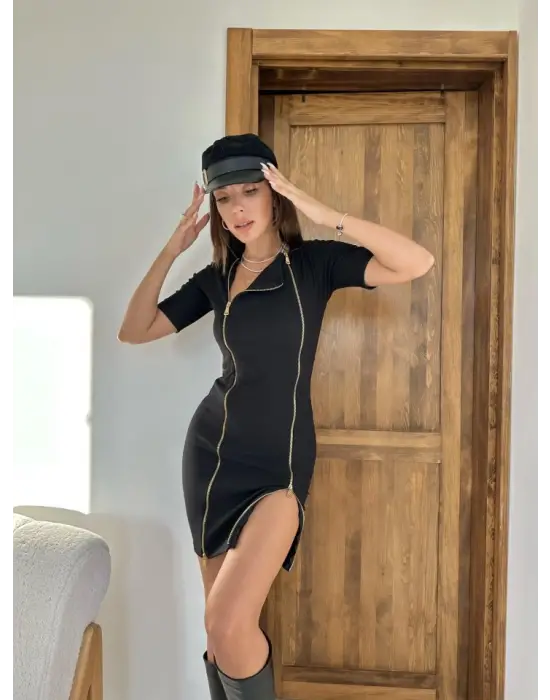 Siyah Fermuarlı Ottoman Elbise