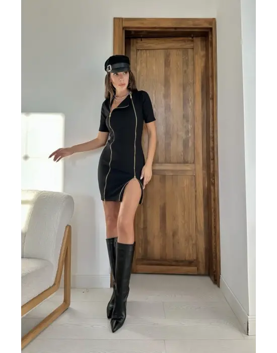 Siyah Fermuarlı Ottoman Elbise