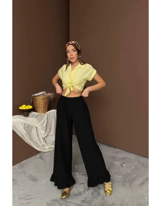 Omarı Fırfırlı Siyah Keten Pantolon