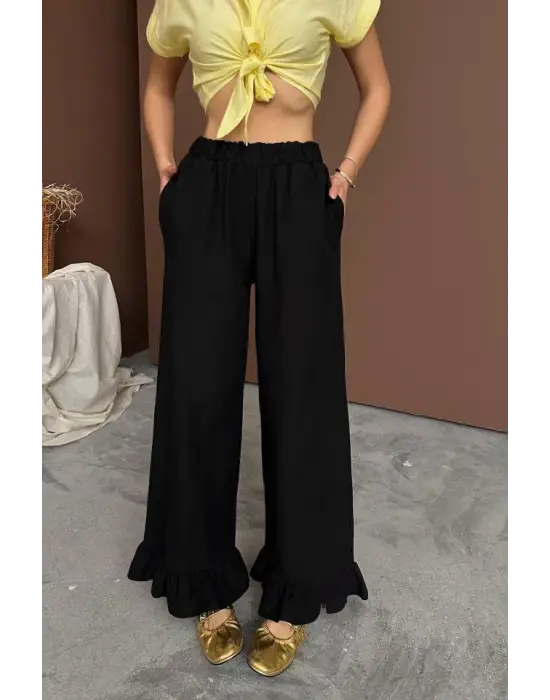 Omarı Fırfırlı Siyah Keten Pantolon