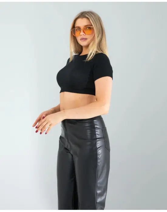 Omarı Siyah Mini Bluz - Fitilli Kaşkorse Detaylı Tasarım