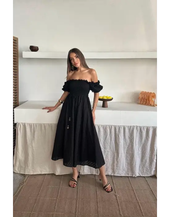Siyah Gipeli Brode Elbise