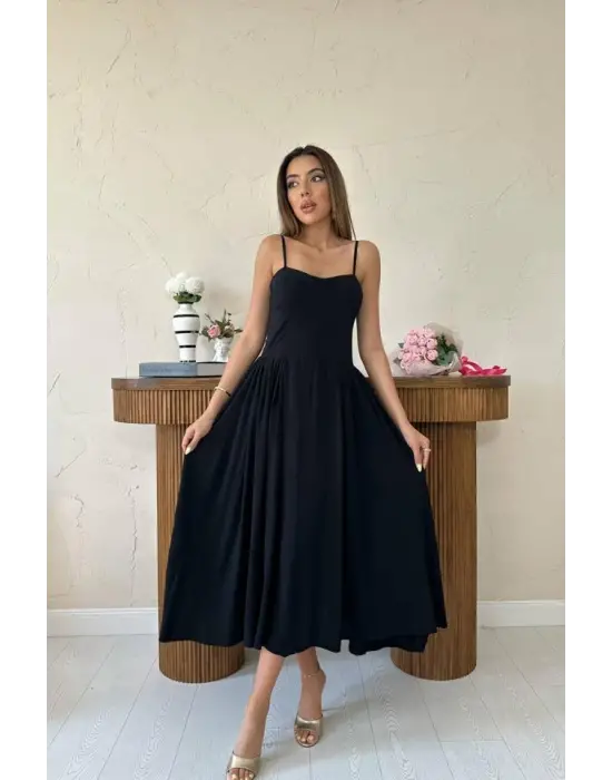 Siyah Göğüs Kuplu Uzun Büzgülü Elbise