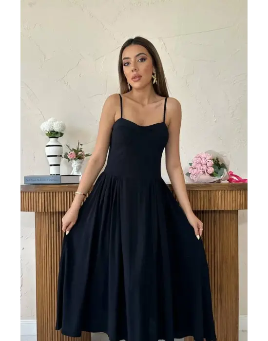 Siyah Göğüs Kuplu Uzun Büzgülü Elbise