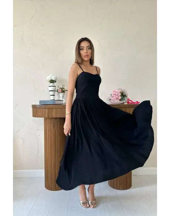 Siyah Göğüs Kuplu Uzun Büzgülü Elbise