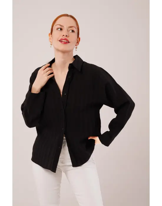 Omarı Şık Siyah Gömlek - Düğmeli ve Çizgi Detaylı