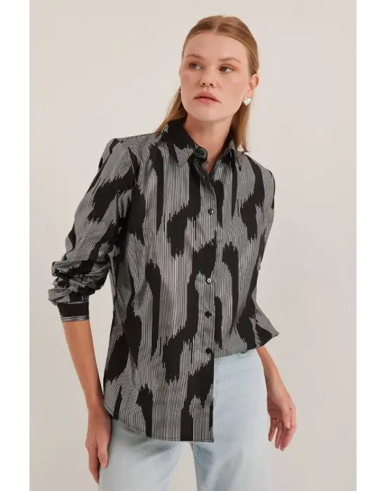Siyah Gümüş Varak Desenli Gömlek 20253
