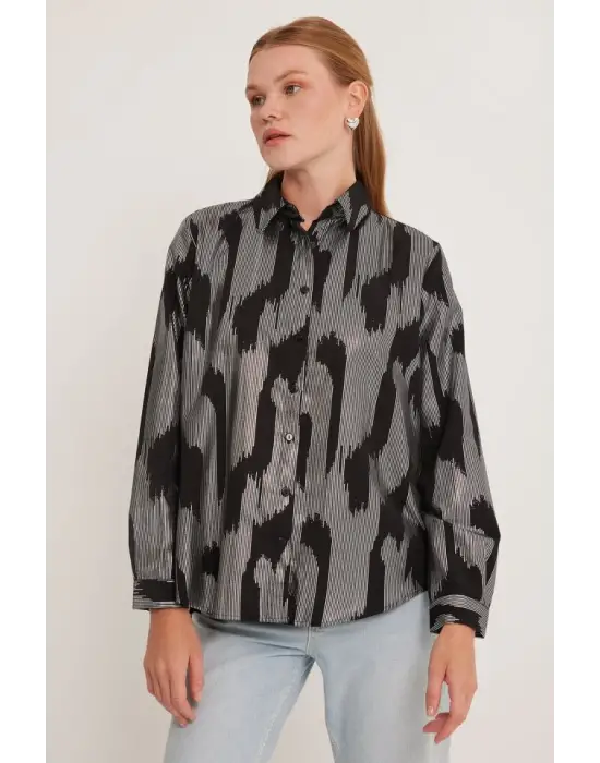 Siyah Gümüş Varak Desenli Gömlek 20253