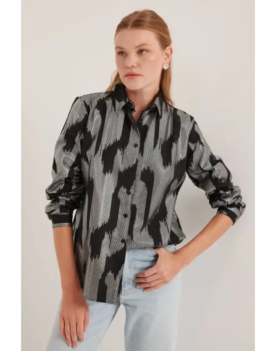 Siyah Gümüş Varak Desenli Gömlek 20253