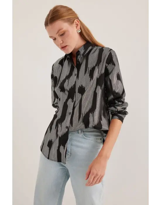 Siyah Gümüş Varak Desenli Gömlek 20253