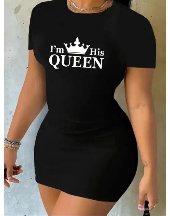Omarı Etkileyici Kraliçe Baskılı Mini Elbise