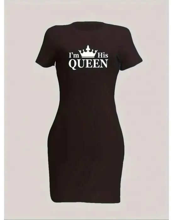 Omarı Etkileyici Kraliçe Baskılı Mini Elbise