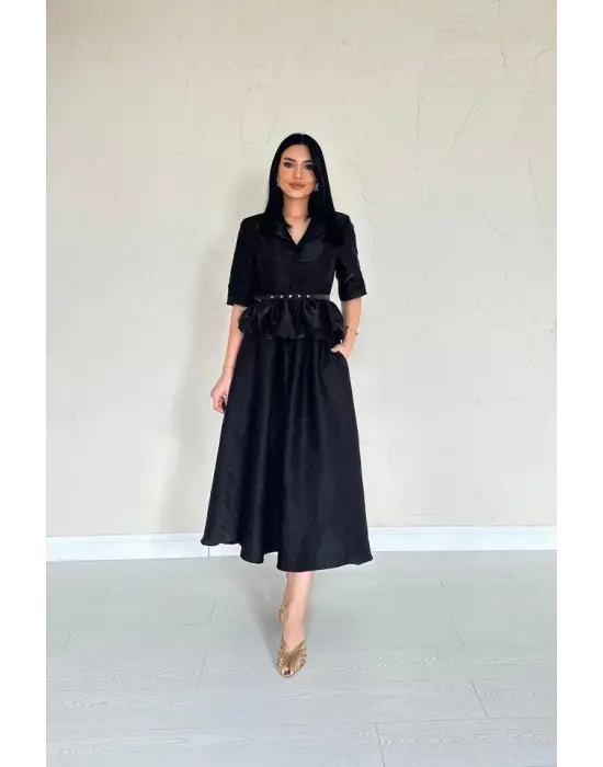 Omarı Şık Siyah Fırfırlı Ceket ve Etek Takımı