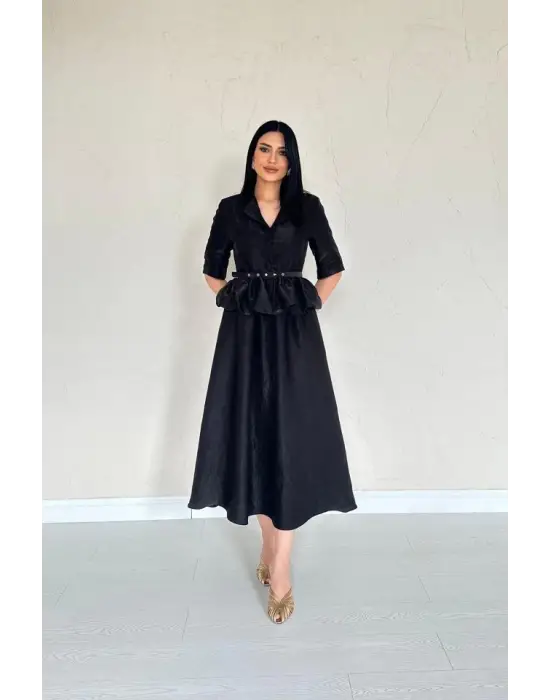 Omarı Şık Siyah Fırfırlı Ceket ve Etek Takımı