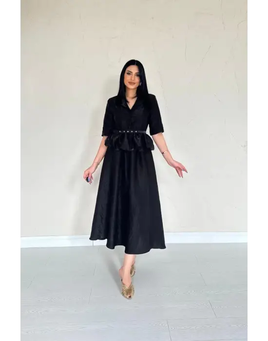 Omarı Şık Siyah Fırfırlı Ceket ve Etek Takımı