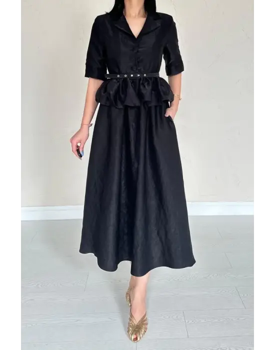 Omarı Şık Siyah Fırfırlı Ceket ve Etek Takımı