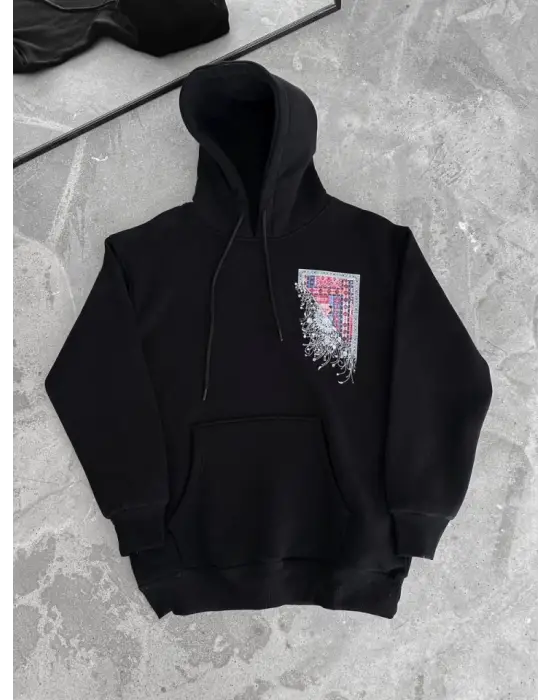 Omarı Siyah Uzun Kol Kapşonlu Baskılı Sweatshirt