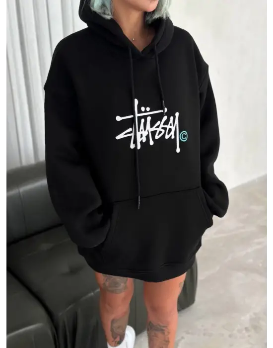 Omarı Siyah Kapşonlu Baskılı Sweatshirt