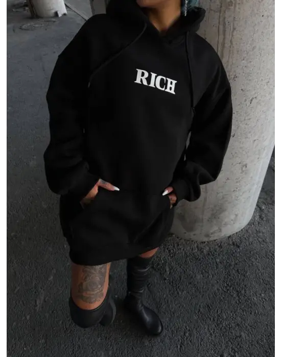 Omarı Siyah Kapşonlu Baskılı Sweatshirt