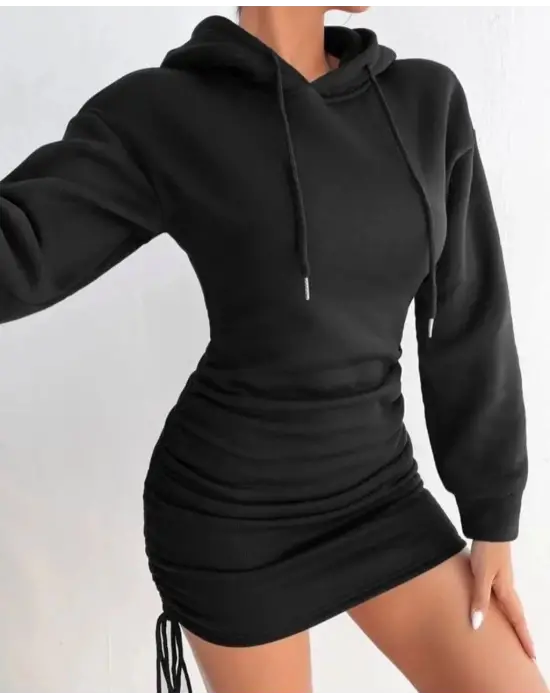 Omarı Siyah Kapşonlu Şardonlu Elbise