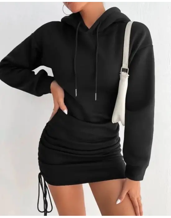 Omarı Siyah Kapşonlu Şardonlu Elbise