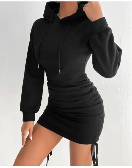 Omarı Siyah Kapşonlu Şardonlu Elbise