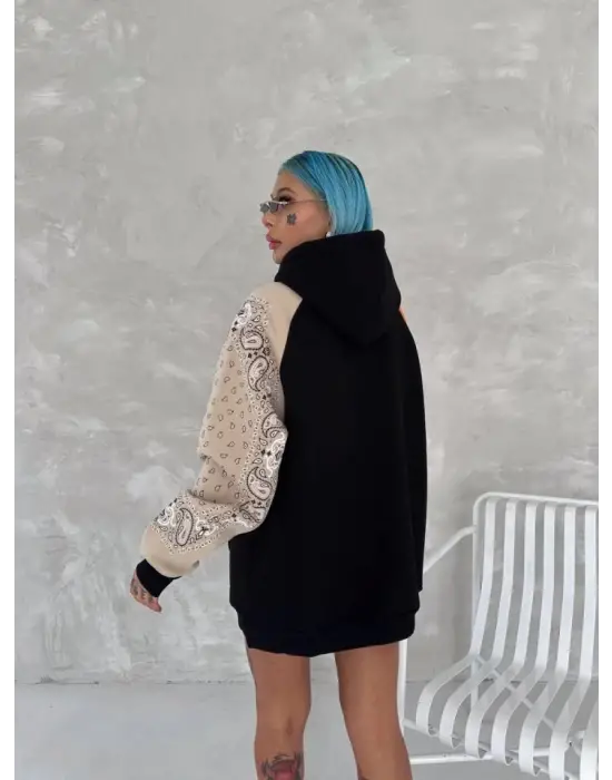 Omarı Siyah Penye Kapşonlu Sweatshirt