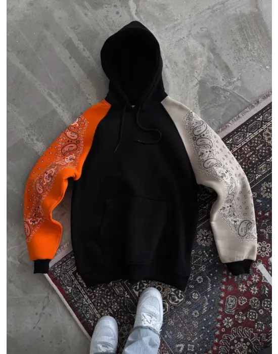 Omarı Siyah Penye Kapşonlu Sweatshirt