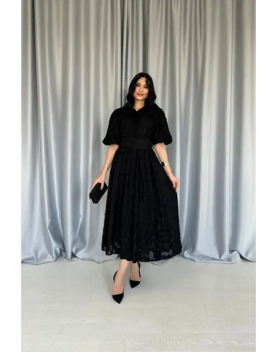 Siyah Kemerli Balon Kollu Elbise