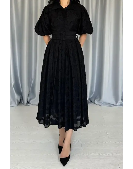 Siyah Kemerli Balon Kollu Elbise