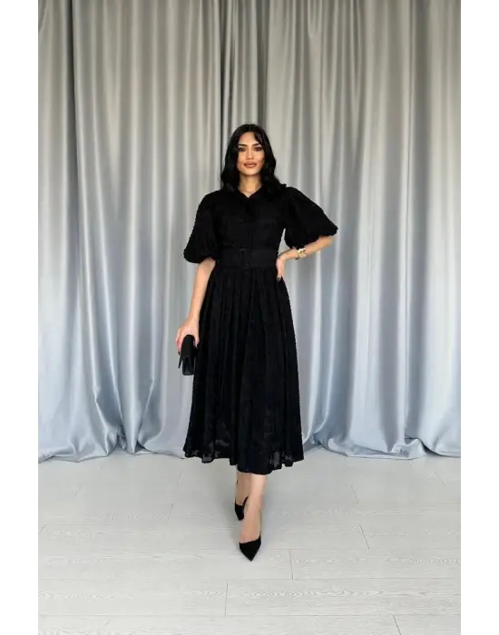 Siyah Kemerli Balon Kollu Elbise