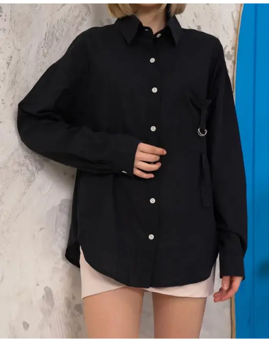 Omarı Rahat Kesim Siyah Keten Gömlek