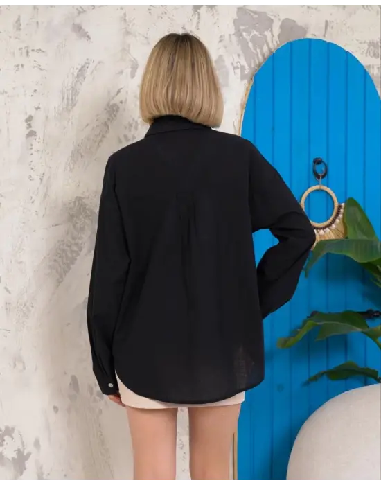 Omarı Rahat Kesim Siyah Keten Gömlek