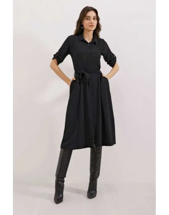 Siyah Kuşaklı Gömlek Elbise 2442