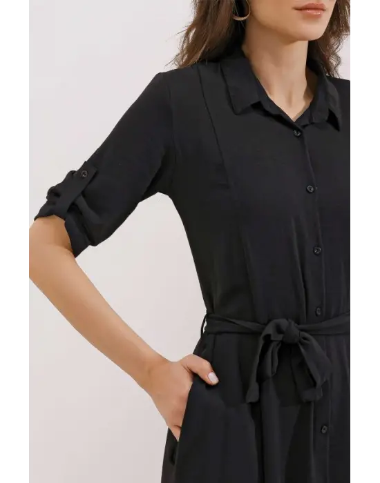 Siyah Kuşaklı Gömlek Elbise 2442