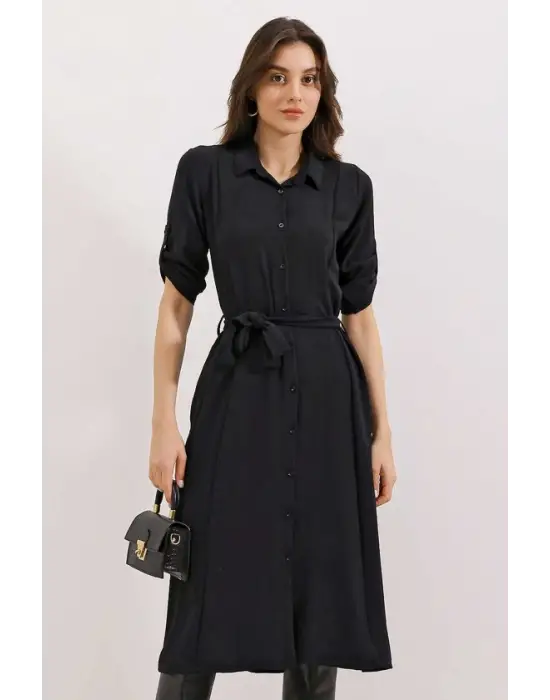 Siyah Kuşaklı Gömlek Elbise 2442
