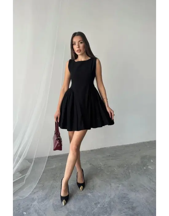 Siyah Mini Boy Büzgülü Keten Elbise
