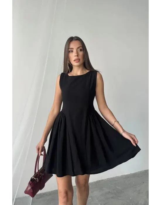 Siyah Mini Boy Büzgülü Keten Elbise