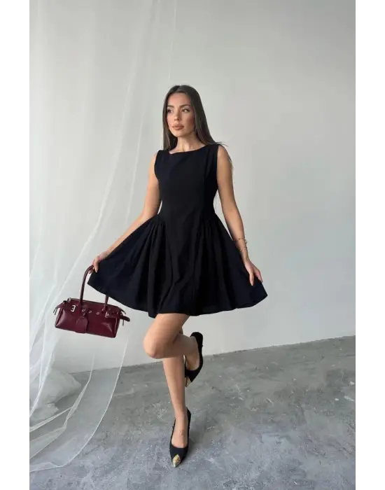 Siyah Mini Boy Büzgülü Keten Elbise