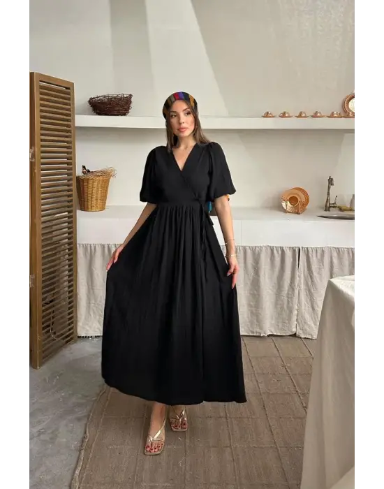 Siyah Müslin Uzun Elbise