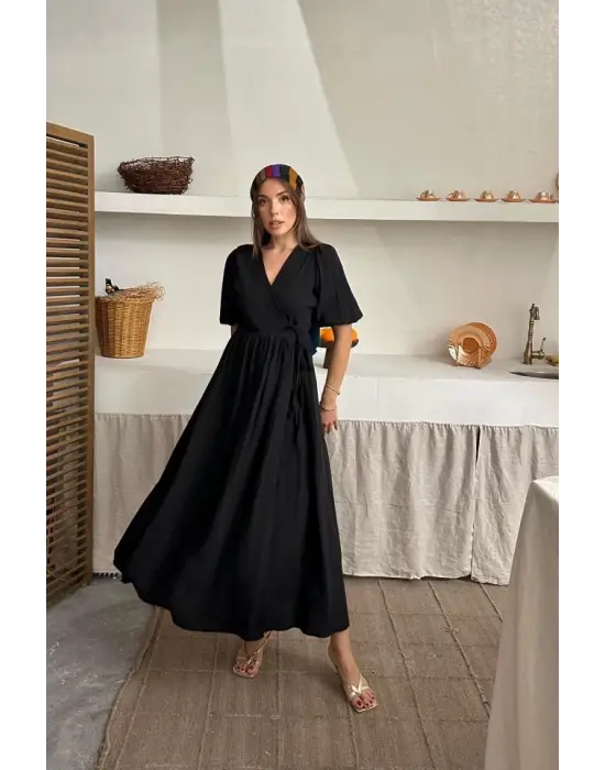 Siyah Müslin Uzun Elbise