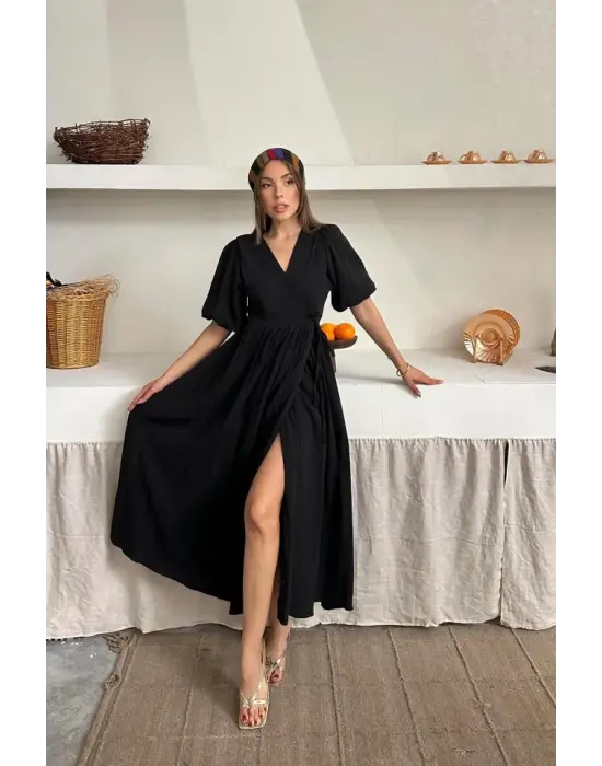 Siyah Müslin Uzun Elbise