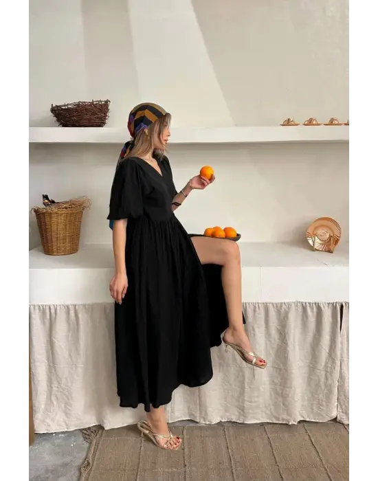 Siyah Müslin Uzun Elbise