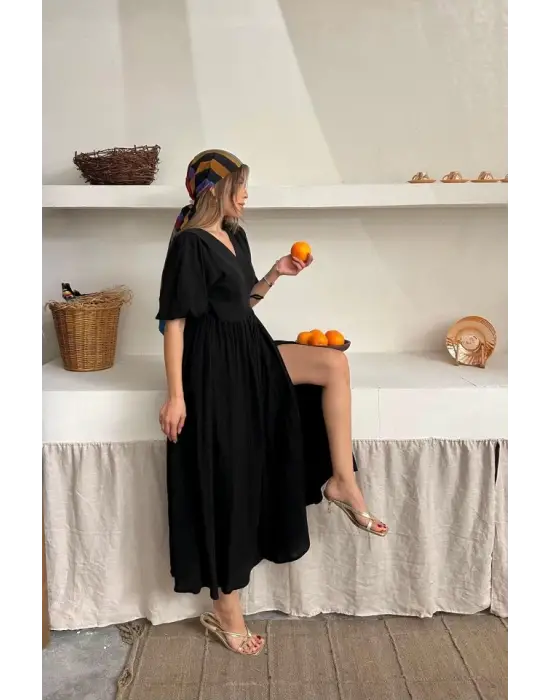 Omarı Siyah Uzun Müslin Elbise