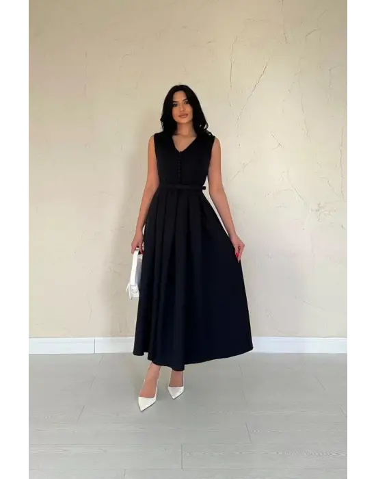 Omarı Siyah Pileli Elbise