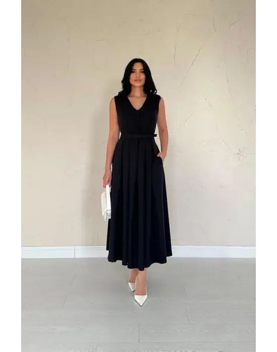 Omarı Siyah Pileli Elbise